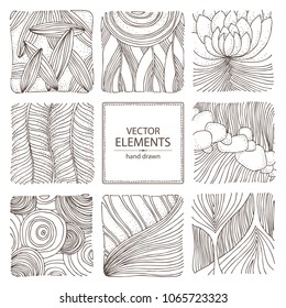 Collection of wavy floral abstract textures. Geometric and nature design elements. Vector hand drawn illustration.