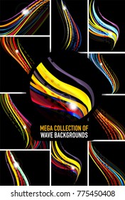 Colección de líneas onduladas sobre fondo negro y abstracto. Ilustración del vector