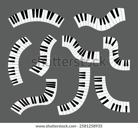A collection of wavy piano key illustrations with flowing, curved, and abstract designs in black and white. Perfect for music-themed backgrounds, posters, album covers, invitations, and creative decor