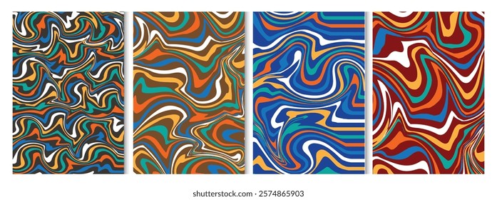 Collection of wavy seamless trippy patterns. Abstract background with colorful waves. Trendy vector illustration in style retro 60s, 70s.