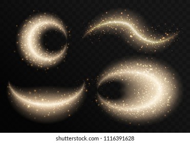 Collection of wavy shiny design elements with gold sparkles on a transparent background