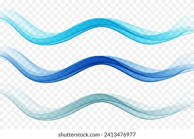 Collection of wavy wave design elements in blue color. Abstract blue wave on a transparent background.