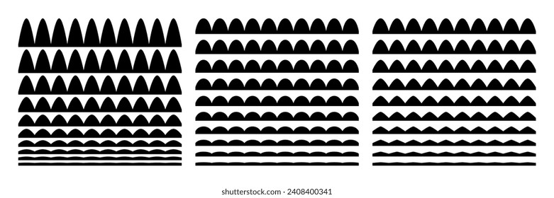 A collection of wavy zigzag horizontal wiggly lines, seamless borders, and smooth and angular graphic design elements set on a white background.