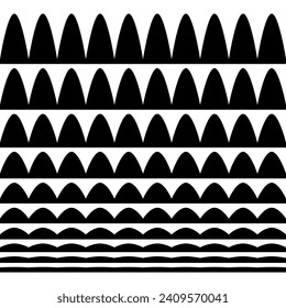 A collection of wavy zigzag horizontal wiggly lines, seamless borders, and smooth and angular graphic design elements set on a white background.