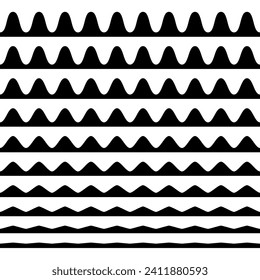 A collection of wavy zigzag horizontal wiggly lines, seamless borders, and smooth and angular graphic design elements set on a white background.