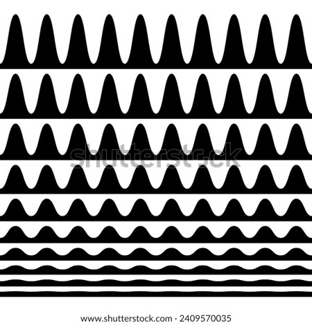 A collection of wavy zigzag horizontal wiggly lines, seamless borders, and smooth and angular graphic design elements set on a white background.