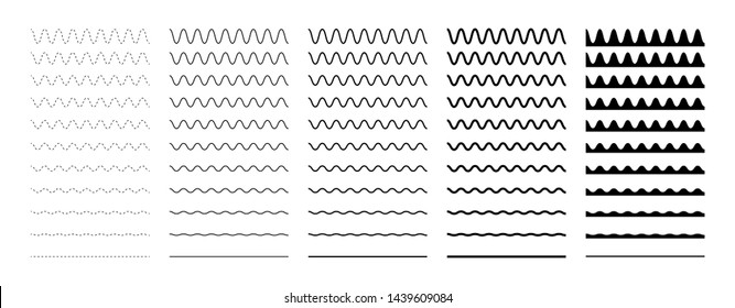 Collection of wavy or zigzag lines. Horizontal thin lines wave. Dotted line. Big set black color. Vector illustration.