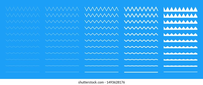 Collection of wavy or zigzag lines. Horizontal thin lines wave. Dotted line. Big set white color. Vector illustration.