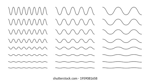 Collection of wavy or zigzag lines. Horizontal thin lines wave. Dotted line. Big set black color. Vector illustration.