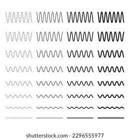 Collection of wavy or zigzag lines. Horizontal thin lines wave. Dotted line. Big set black color. Vector illustration.