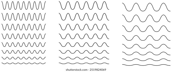 Collection of wavy or zigzag lines. Horizontal thin lines wave.