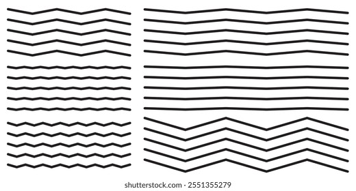 Kollektion von wellenförmigen oder zickzackförmigen Linien. Horizontale Welle mit dünnen Linien