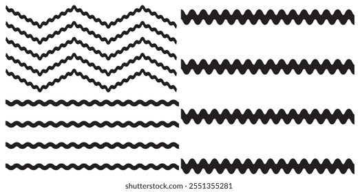 Collection of wavy or zigzag lines. Horizontal thin lines wave