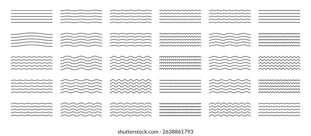Collection of wavy or zigzag lines. Horizontal thin lines wave. Dotted line. Big set black color. Vector illustration.