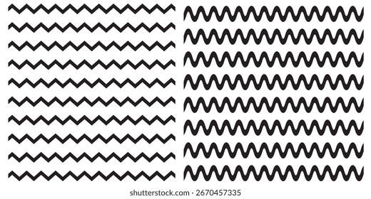 Coleção de linhas onduladas ou em ziguezague. Onda de linhas finas horizontais. Linha pontilhada. Cor preta do conjunto grande. Ilustração vetorial.