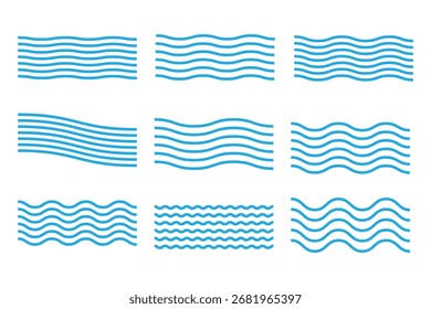 Coleção de linhas onduladas ou em ziguezague. Onda de linhas finas horizontais. Linha pontilhada. Cor preta do conjunto grande. Ilustração vetorial