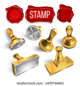 Collection Of Wax Seal And Stamp Cliche Set Vector. Different Form Round And Rectangular, Material Wooden And Metallic Stamp. Office Post Tool For Document And Mail Template Realistic 3d Illustration