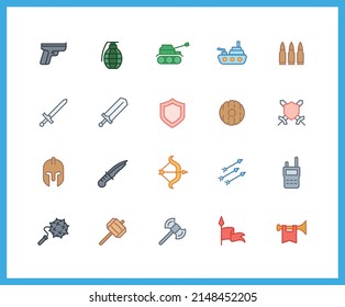 Collection of Weapon color icons. Set of Bow, Sword symbols drawn with thin contour lines. Vector illustration.