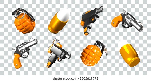 Collection of weapons and ammunition in 3D cartoon style
