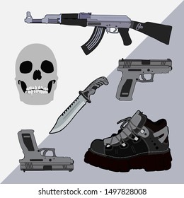 a collection of weapons, pistols, knives, boots, and skull illustrations. can be used for design, web, presentation and others. vector