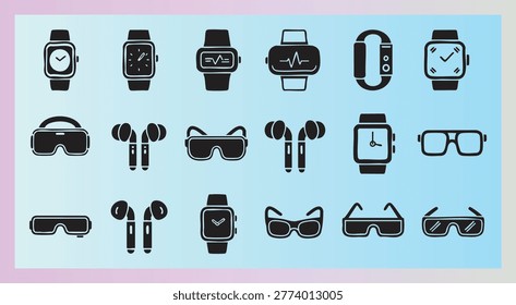 Collection of wearable technology and gadget icons in modern flat design style