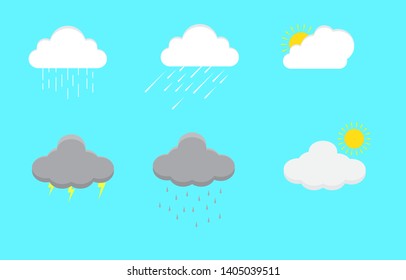 Collection of weather cloud isolated on blue background. season summer, rain, storm, lightning.  Vector icon illustration.