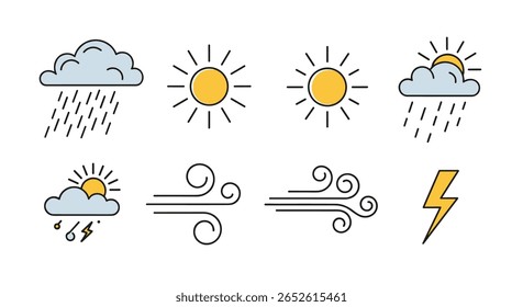 Coleção de Ícones de Condição Meteorológica Representando Sol Chuva Vento e Trovoadas em um Design Plano Estilizado