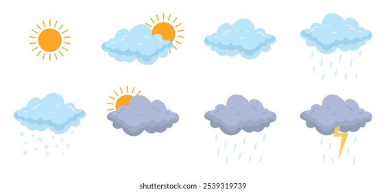 Collection of weather forecast icons with sunny cloudy rainy snowy storm and thunder climate conditions