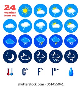 Collection of weather forecast icons. Symbols for climate changes  diagnostic. Editable elements isolated on white background. Mobile interface buttons. Flat design graphic. Vector  illustration