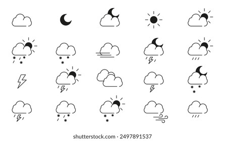 A collection of weather icons depicting different conditions, including sun, clouds, rain, snow, thunderstorm, and wind, in minimalist style.