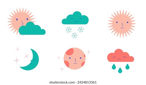Collection of weather icons with faces. Vector illustration in flat color style. Weather forecast and emotions concept for design and print