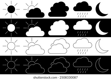 Coleção de Ícones do Tempo. Preencher e delinear Previsão do tempo. Símbolos meteorológicos. Ensolarado, nublado, chuvoso, trovoada. Ícones da Web de ilustração vetorial isolados no plano de fundo preto-e-branco.