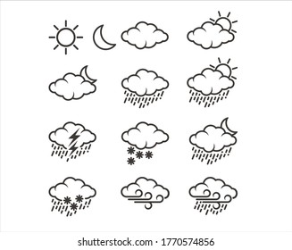 A collection of weather icons: heat, rain, cloudy, snow and more.