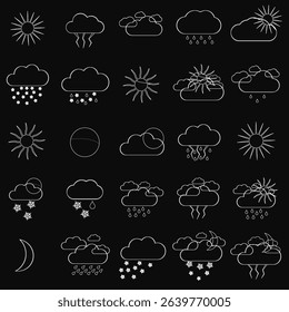 A collection of weather icons including rain, snow, and sun. The icons are all in black and white