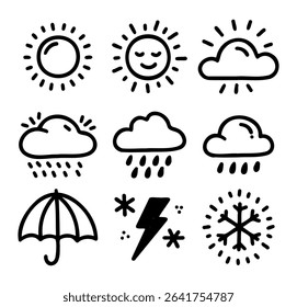 Collection of weather icons like sun, clouds, lightning etc.