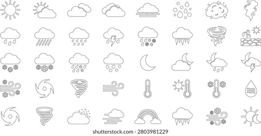 A collection of weather icons in a linear style, presented as outlines on a white background, with a distinctive silhouette appearance.
