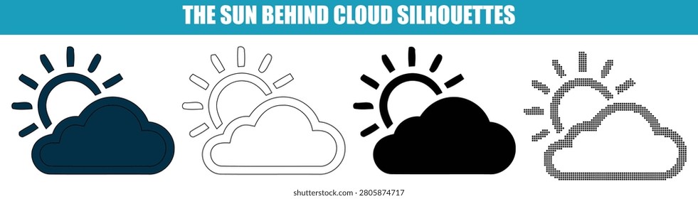 Collection of weather icons representing sunshine partially obscured by clouds. Useful for meteorological graphics and forecast applications.