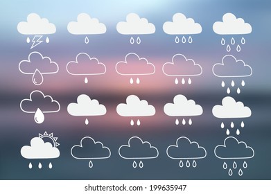 Collection of weather icons for web or print. Vector Blurred background. Rainy set. Rain weather icons.