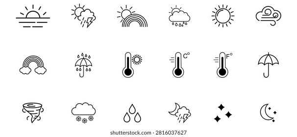 Collection of weather line icons. Containing wind, snow cloud, thunder storm, fog, sunny, humidity and more. Weather icon set featuring thermometers and heat temperature thermometer meteorology.
