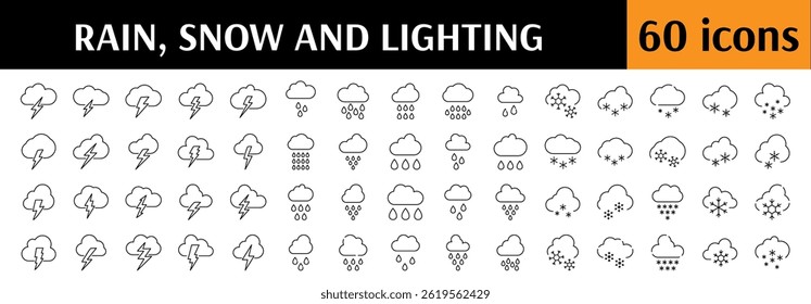 Collection of Weather Related Line Icons. Lightning, Rain, Snow Outline Signs for Graphic and Web Design, Apps, Adverts, Various Cards