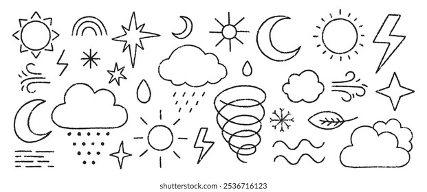 Collection of weather symbols with crayon, chalk and pastel texture. Vector illustration of rain, storm, sun, star, lightning on a white background.