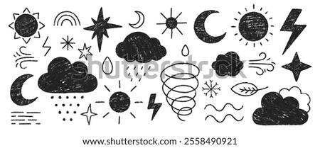 Collection of weather symbols with crayon, chalk and pastel texture. Hand drawn vector illustration of rain, storm, sun, star, lightning on a white background.