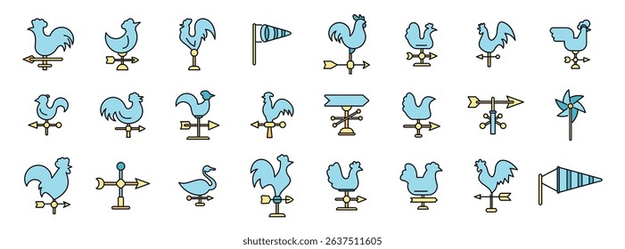 Collection of weather vanes indicating wind direction, featuring various shapes and rooster designs