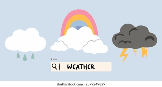 Collection of weather vector icons. Cartoon weather poster. Sunny weather, rain cloud, stormy dark cloud, cloud with rainbow. Climate symbol. Weather forecast search