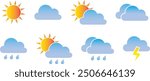 Collection of weather vector icons. Weather icon isolated on white background. Contains sun, cloud, rain, summer, spring, cloudy season and thunder weather. Climate symbol. Vector illustration