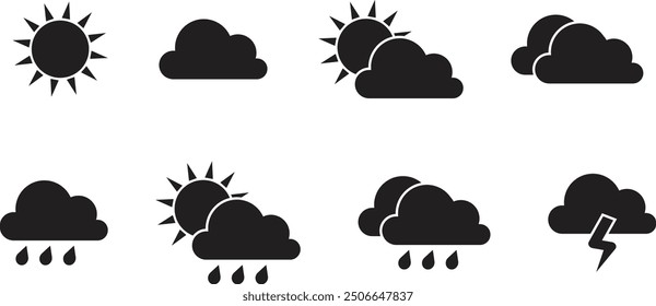 Collection of weather vector icons. Weather icon isolated on white background. Contains sun, cloud, rain, summer, spring, cloudy season and thunder weather. Climate symbol. Vector illustration