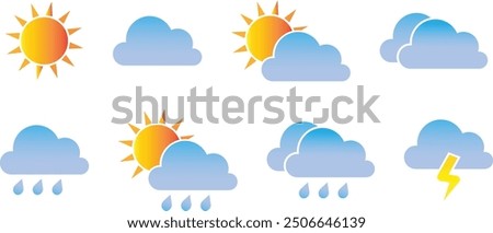 Collection of weather vector icons. Weather icon isolated on white background. Contains sun, cloud, rain, summer, spring, cloudy season and thunder weather. Climate symbol. Vector illustration