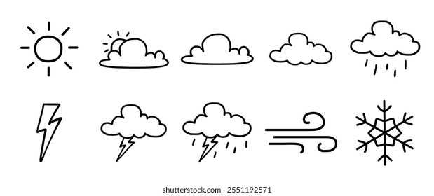 Colección de iconos de Ilustración vectorial de Clima sobre fondo blanco en estilo dibujado a mano.  Contiene Climas soleados, lluviosos, truenos, tormentosos, ventosos y nevados