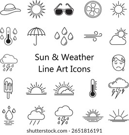 A collection of weather-related icons in a clean, minimalist line art style. Features include sun, clouds, rain, lightning, wind, thermometer, sunglasses, umbrella.