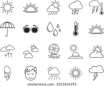 A collection of weather-related icons in a clean, minimalist line art style. Features include sun, clouds, rain, lightning, wind, thermometer, sunglasses, umbrella.